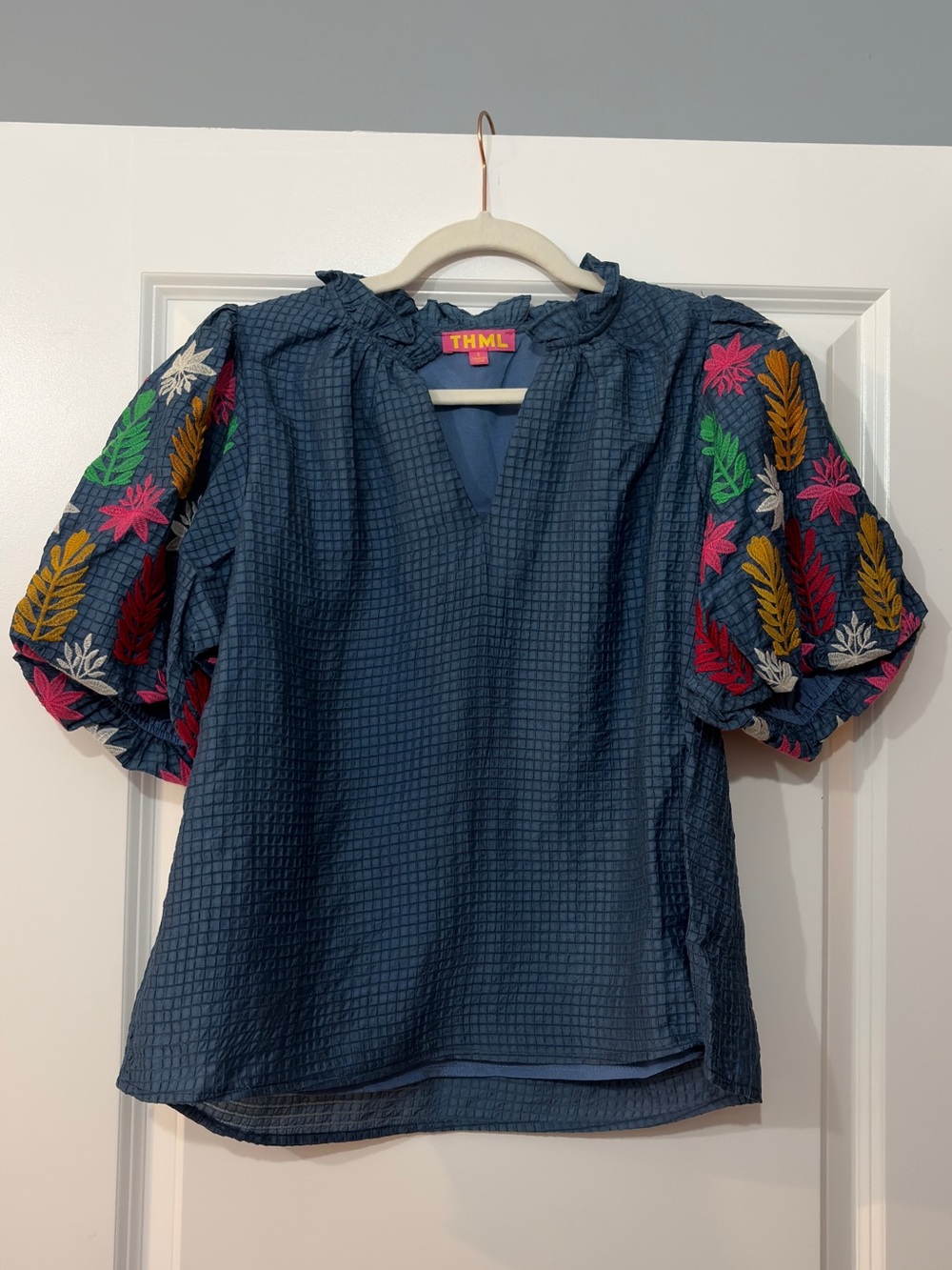 Navy Textured Puff Sleeve Blouse with Multicolor Embroidery